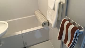 Hair dryer, bidet, towels, soap