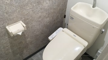 Hair dryer, bidet, towels, soap