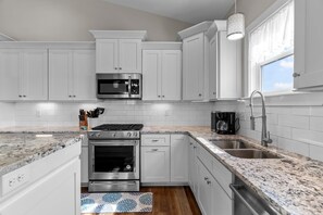 Fridge, microwave, oven, stovetop - Beachside Charm! Pool, Spa & 3-Min Walk to Shore (Oak Island)