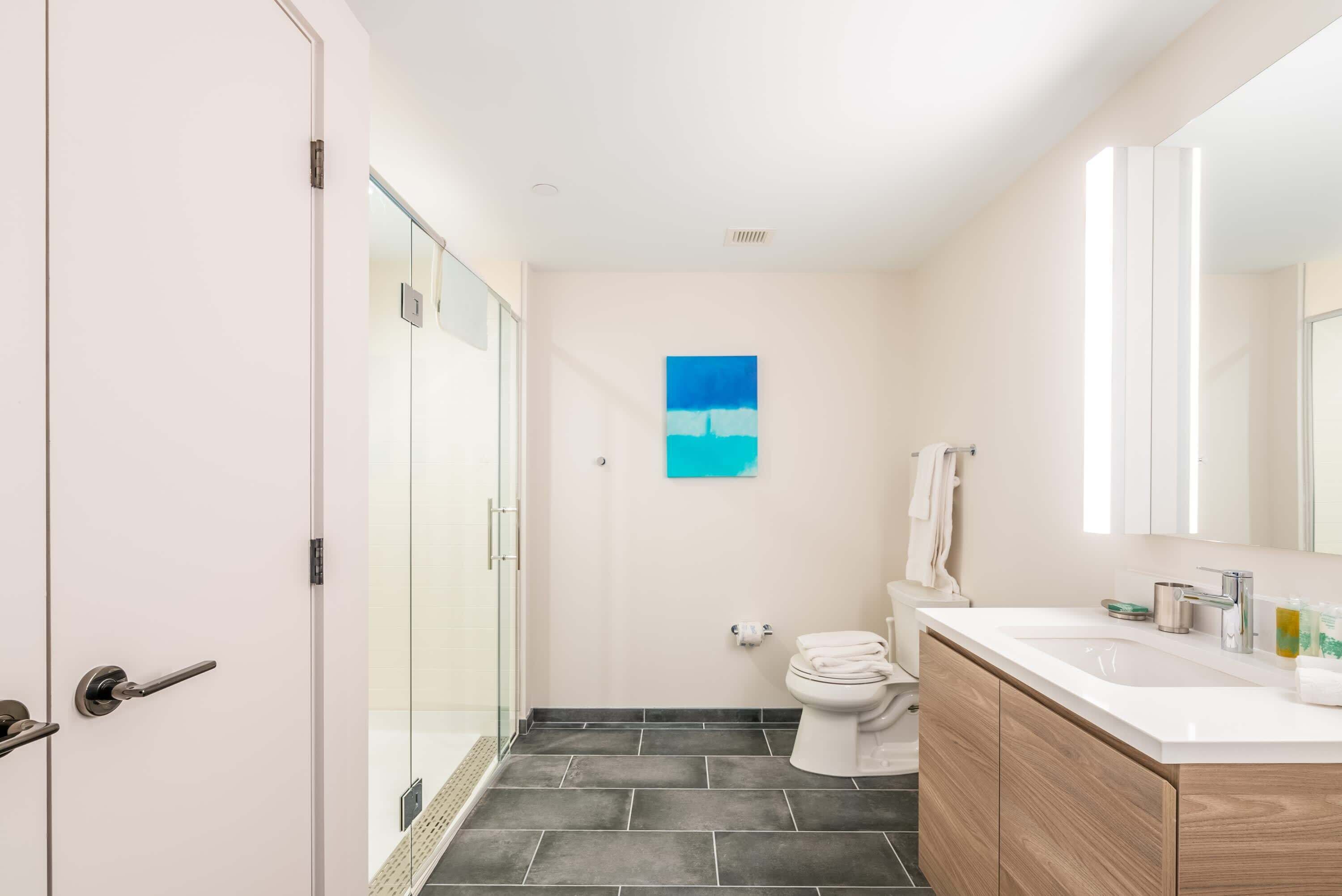 Un bagno moderno con cabina doccia in vetro, un WC bianco e un mobile lavabo in legno.