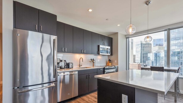 A modern kitchen with stainless steel appliances, dark cabinetry, and a large window offering a city view.
