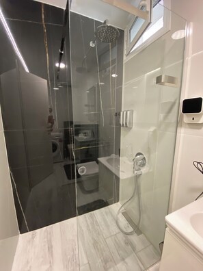 Hair dryer, towels, soap, shampoo