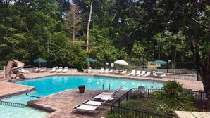 A swimming pool with lounge chairs and umbrellas, surrounded by trees.