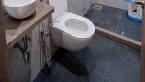A bathroom with a white toilet, a sink, and a shower area. - Hotel Anugraha NX (Palghar)