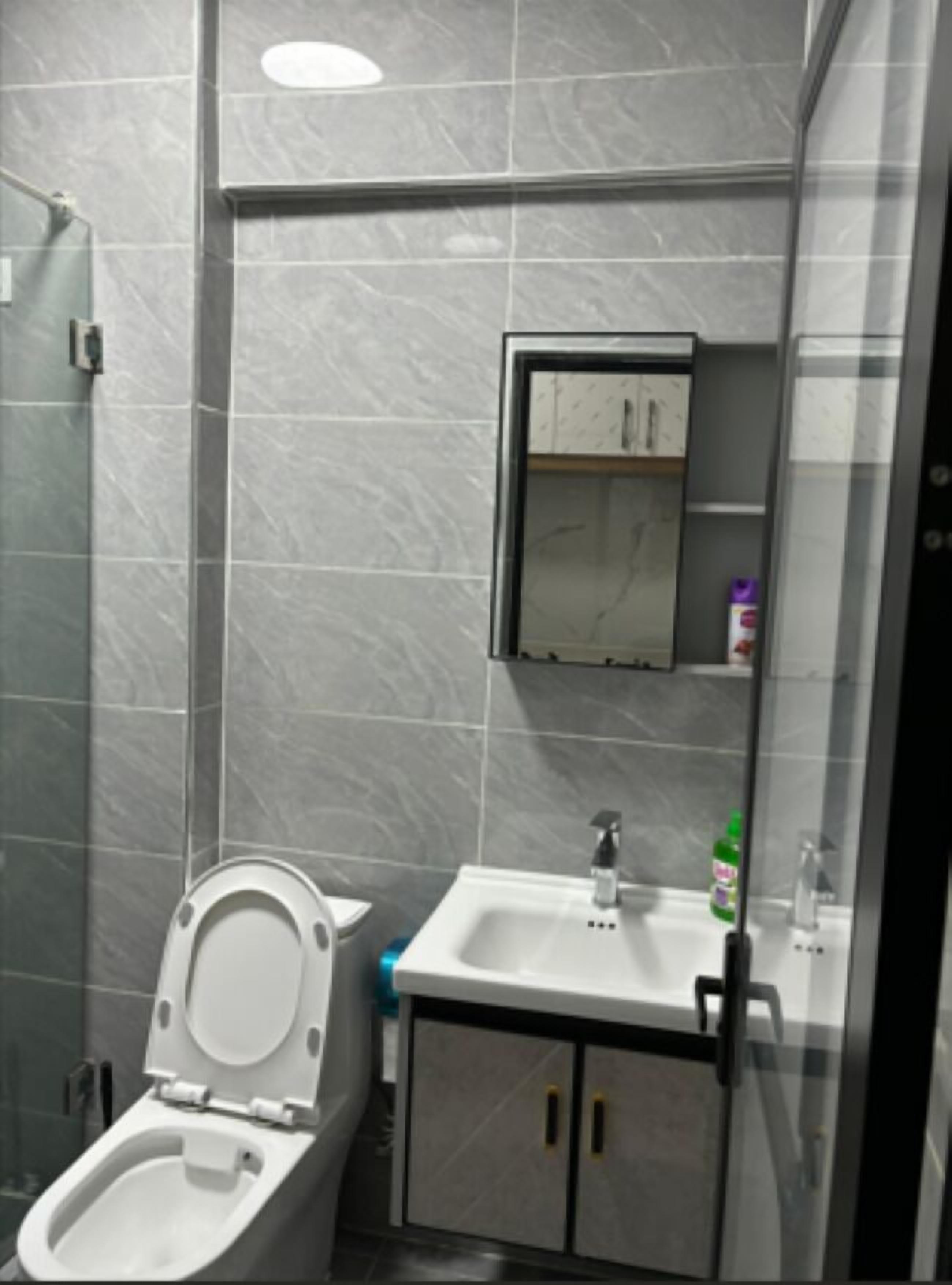 Un bagno con il water, un lavandino e uno specchio.