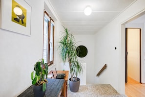 A hallway with a wooden floor, a potted plant, a framed picture, and a door. - La Canonica Centovalli With Balconies and Garden (Centovalli)