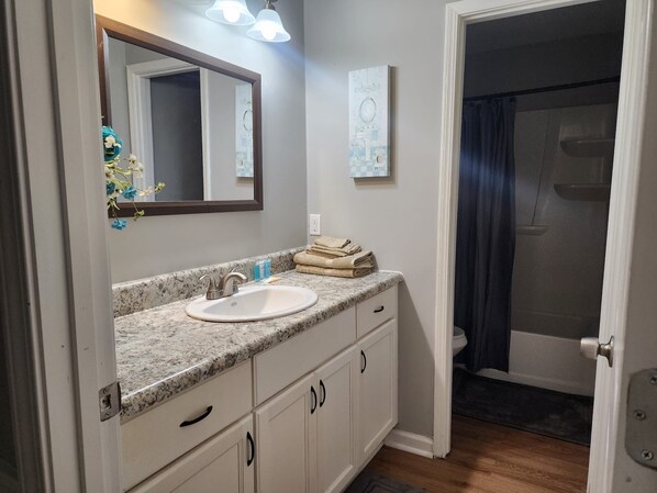 Hair dryer, towels, soap, toilet paper