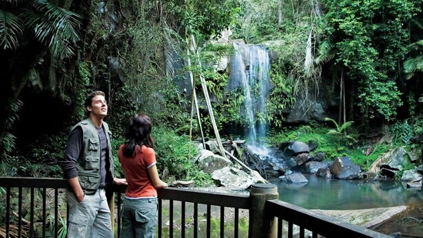 A natural waterfall and a pool in a forested area with a wooden deck.