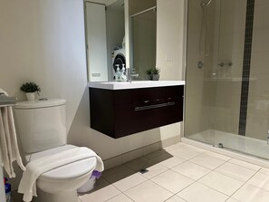 Hair dryer, towels, soap, shampoo