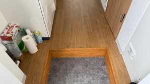 Um corredor estreito com piso de madeira, um tapete cinza na entrada e diversos produtos de limpeza à esquerda.