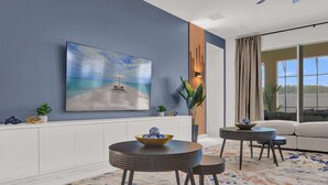 Ein modernes Wohnzimmer mit einem großen Gemälde einer Strandansicht, einem weißen Konsolentisch mit Dekorationsobjekten, zwei runden Tischen mit Hockern und einem gemusterten Teppich.