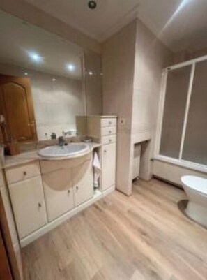 Shower, towels, toilet paper