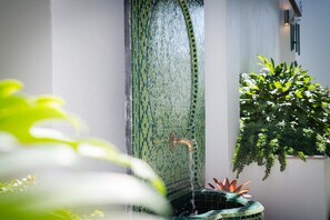 A water feature with a spout and a tiled wall.