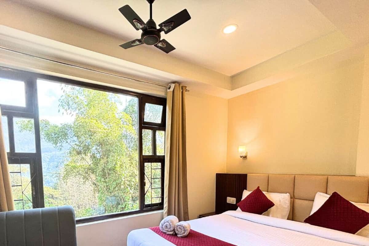 A hotel room with a large bed, a desk, a chair, a ceiling fan, and a window with a view of trees.