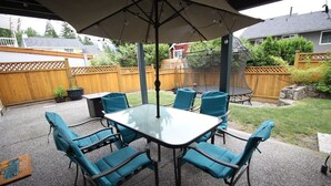 A covered patio with a glass table and four chairs, surrounded by a wooden fence and greenery.