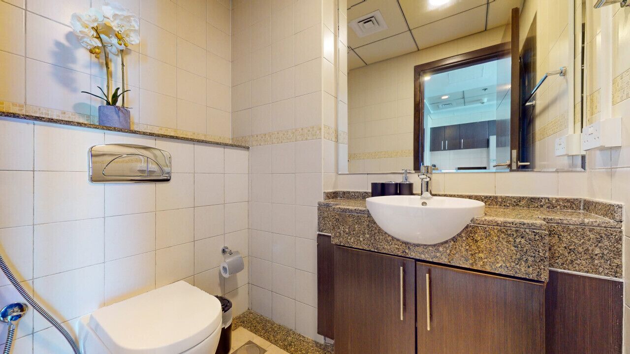 A bathroom with a white toilet, a sink with a granite countertop, and a mirror above the sink.