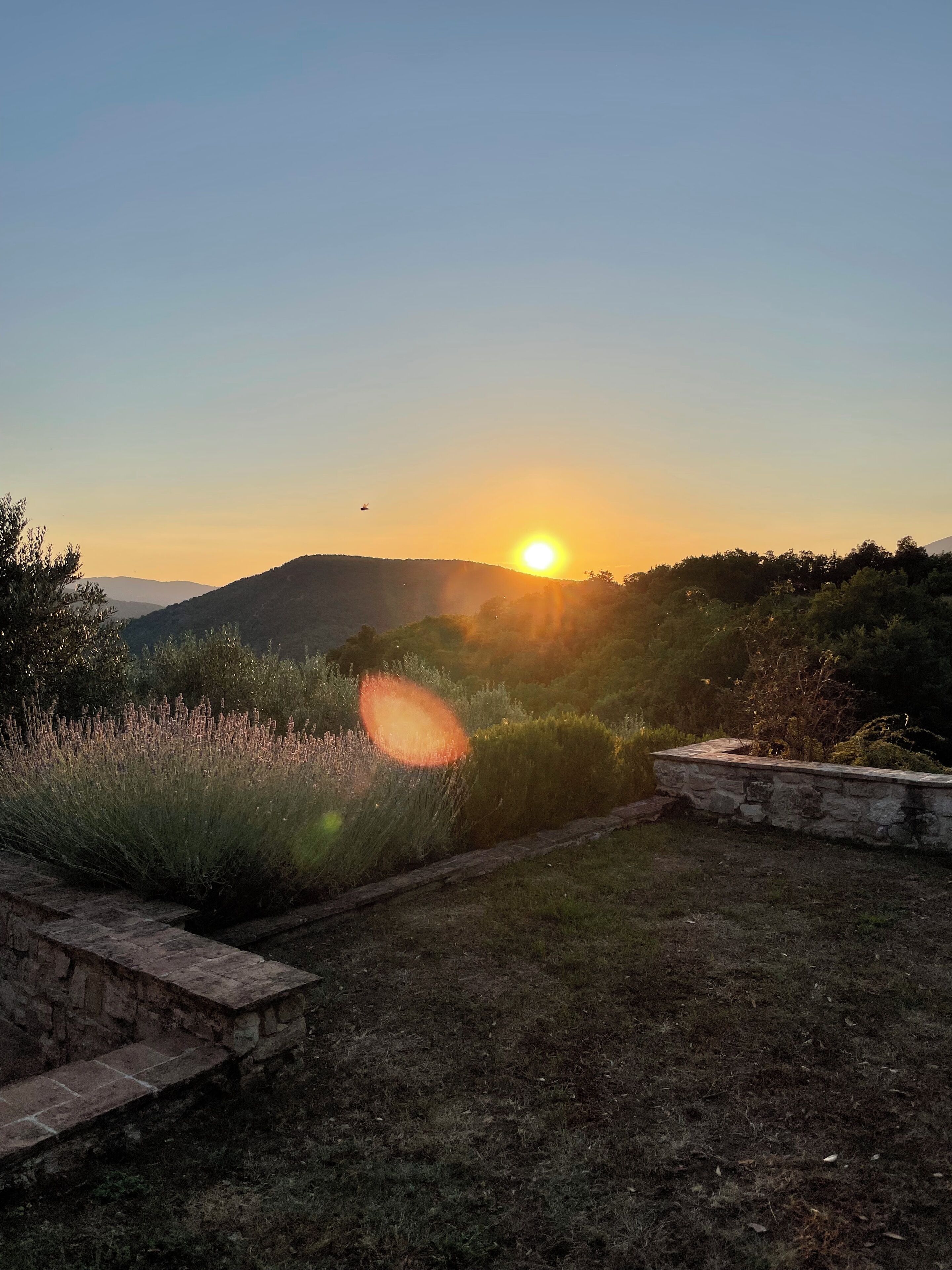Um pôr do sol sobre uma paisagem ondulada com um muro de pedra e área gramada.
