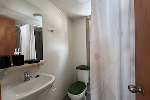 Neljän hengen comfort-huone (002) | Kylpyhuone | Suihku, pyyhkeet, vessapaperi