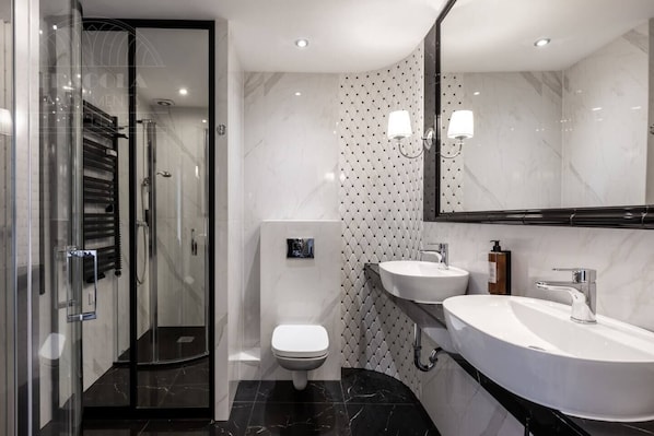 A modern bathroom with a glass shower enclosure, a toilet, a sink, and a mirror.