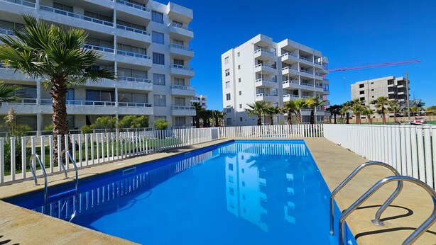 A swimming pool with a white fence, palm trees, and multi-story buildings in the background. - Oceana Suites Distrito Verde (La Serena)