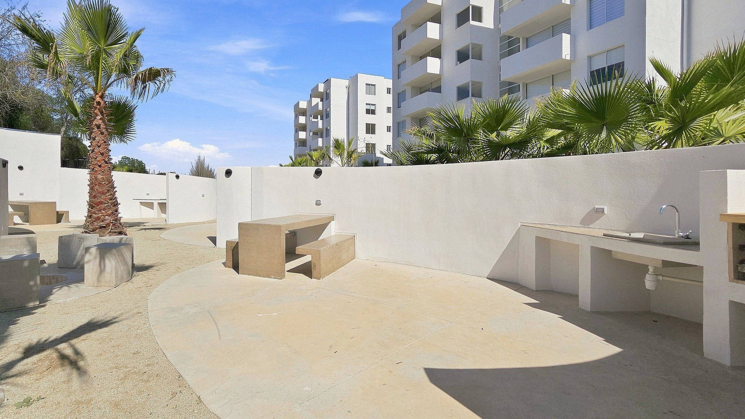 An outdoor area with a concrete floor, a palm tree, and a white wall with a window.