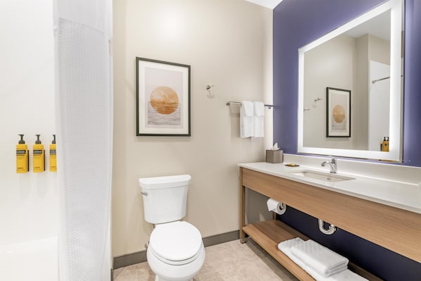 A modern bathroom with a toilet, sink, mirror, and framed artwork. - Best Western Plus Marquette Hotel & Suites (Marquette)
