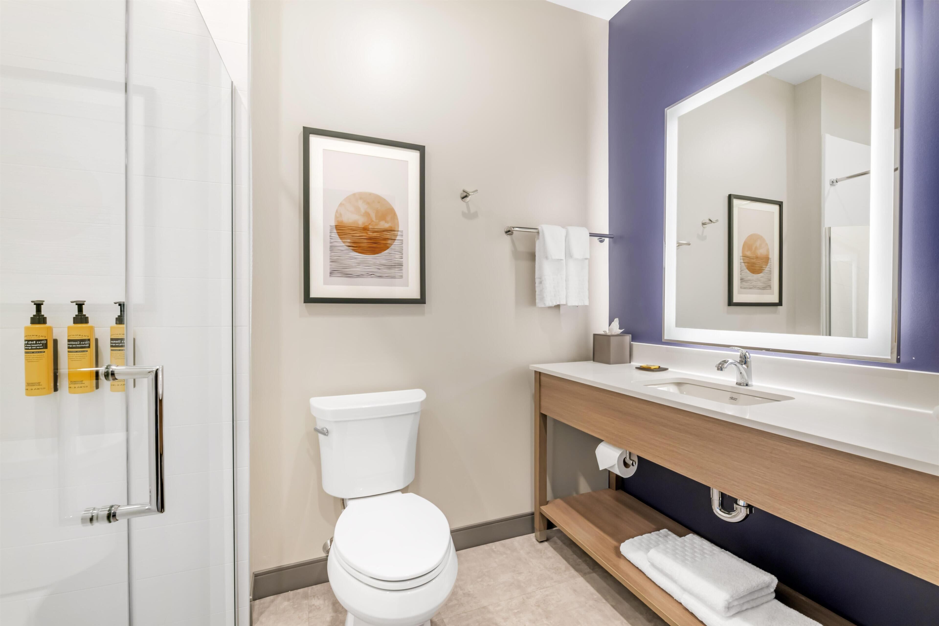 Un baño moderno con inodoro, lavabo y ducha.