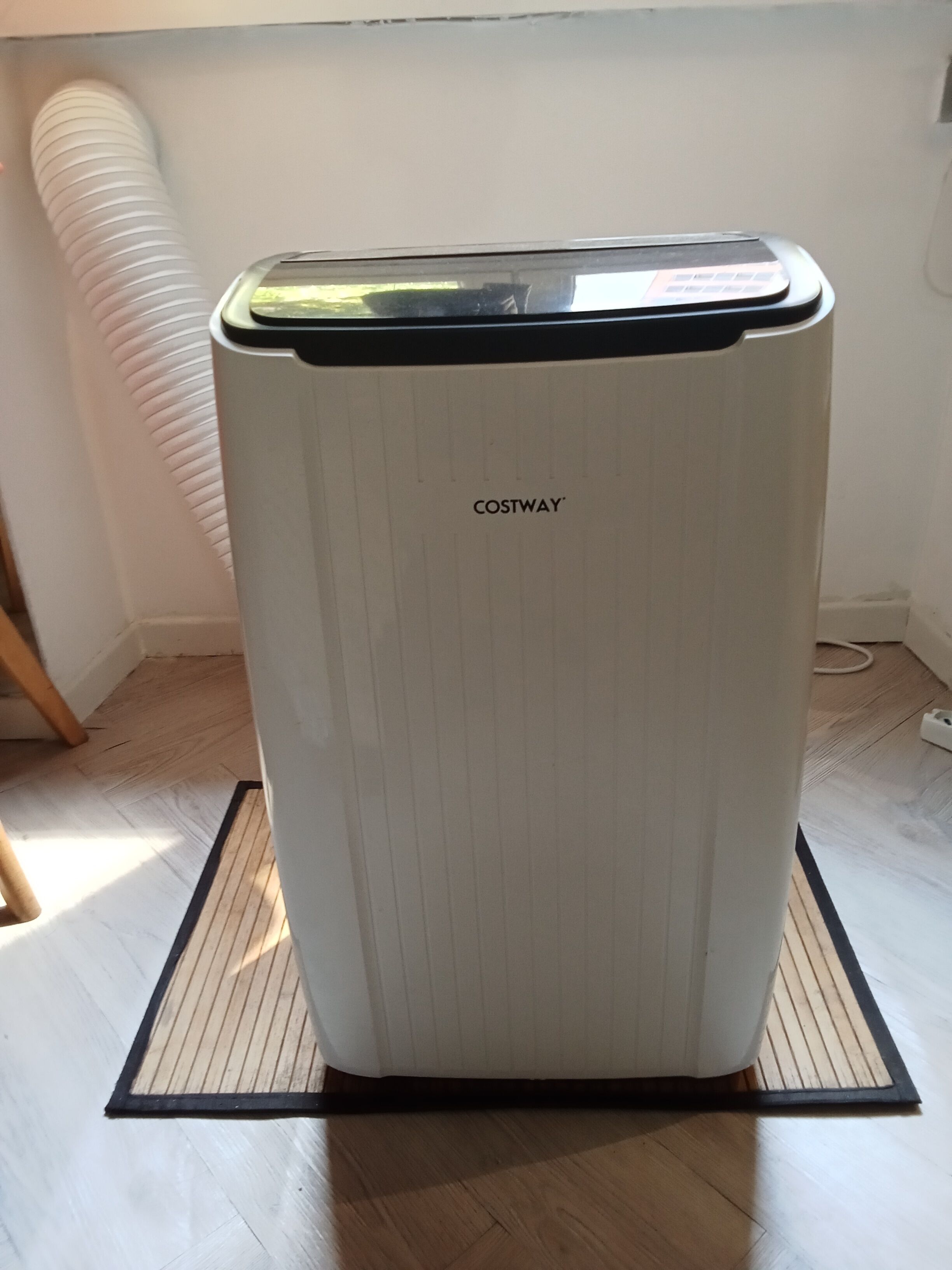 A white COSTWAY portable heater with a black top, standing on a wooden floor with a black mat in front.