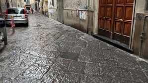 A narrow, wet cobblestone street with buildings on either side, a parked car, and a large wooden door on the right. - La Maison di Tina (Naples)