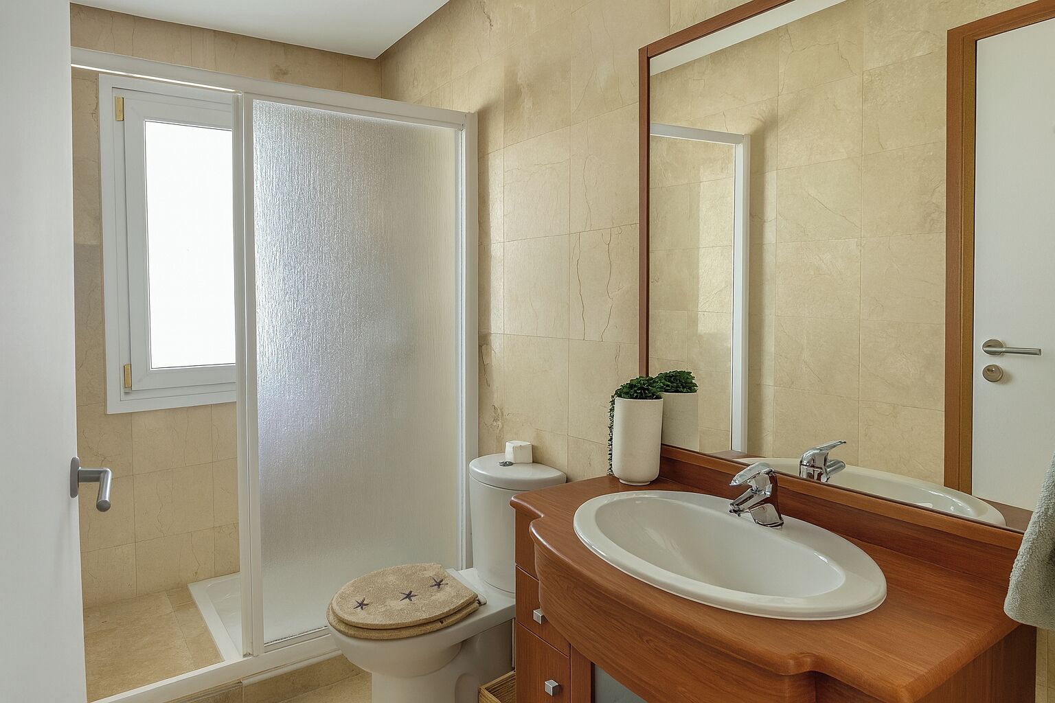Combined shower/bathtub, deep-soaking bathtub, hair dryer, towels