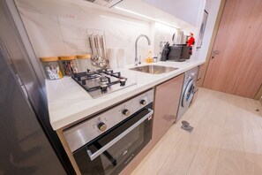 Fridge, microwave, oven, electric kettle