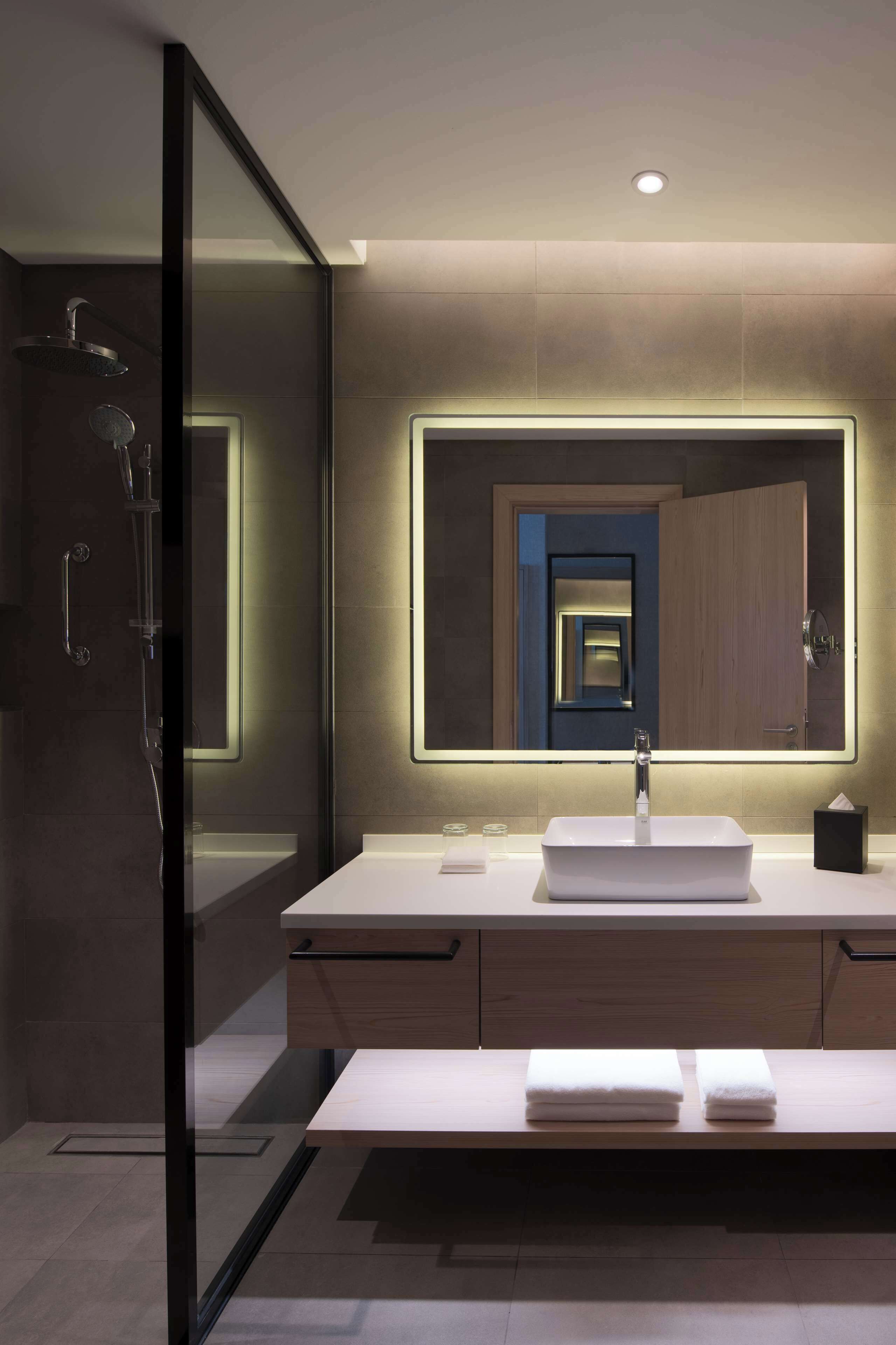 A modern bathroom with a glass shower enclosure, a large mirror, and a white sink.