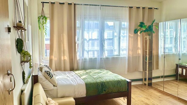 Une chambre à coucher avec un lit, un canapé, un miroir et une plante suspendue.