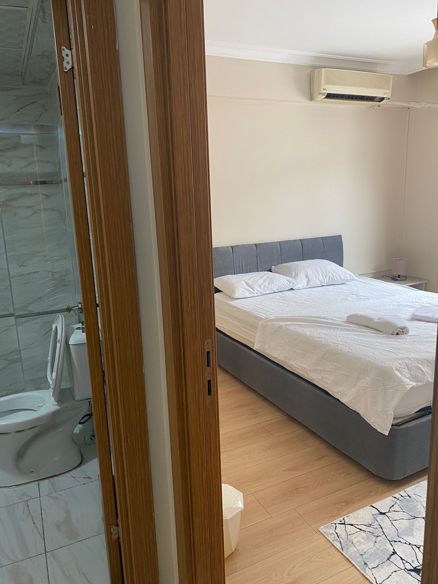 A bedroom with a bed, a bedside table, a nightstand, a bathroom with a toilet and a shower.