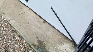 Een wit gebouw met een zwarte deur en ramen, een metalen poort en een bakstenen muur.