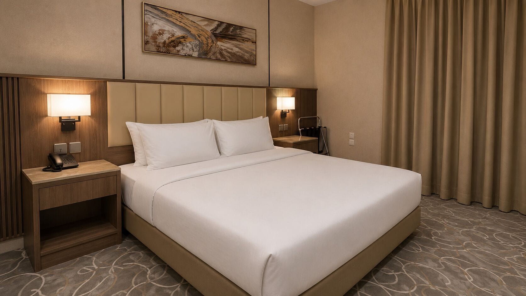 A hotel room with a large bed, two bedside tables with lamps, a telephone, and a painting on the wall.