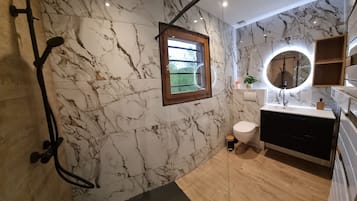 Shower, hair dryer, towels, soap