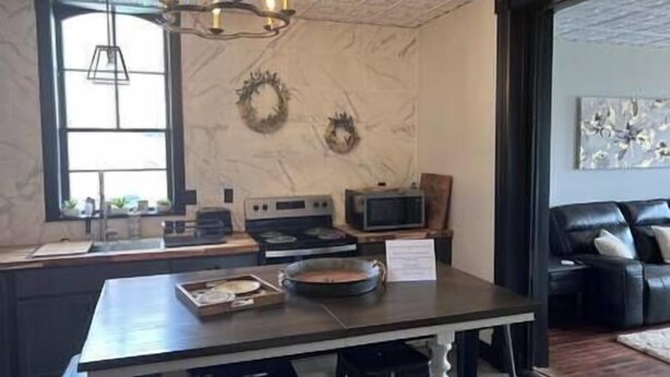 Une cuisine équipée d’une table à manger, d’un four à micro-ondes et d’une cuisinière. Une fenêtre ornée de plantes est présente, ainsi qu’un lustre au-dessus de la table.