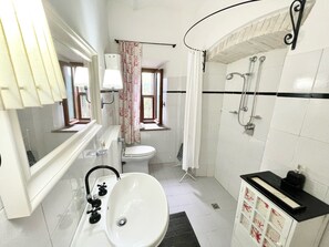 Shower, hair dryer, bidet, towels