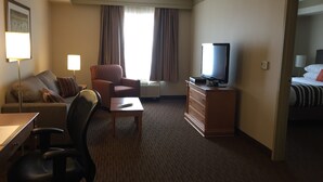 Ett hotellrum med en soffa, fåtölj, skrivbord, stol, byrå, tv och en säng.