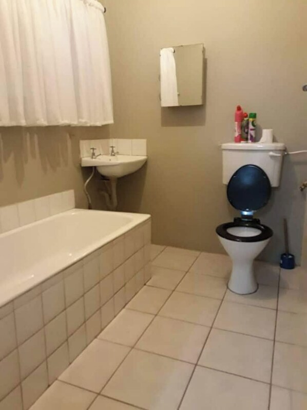 Shower, towels, soap, toilet paper