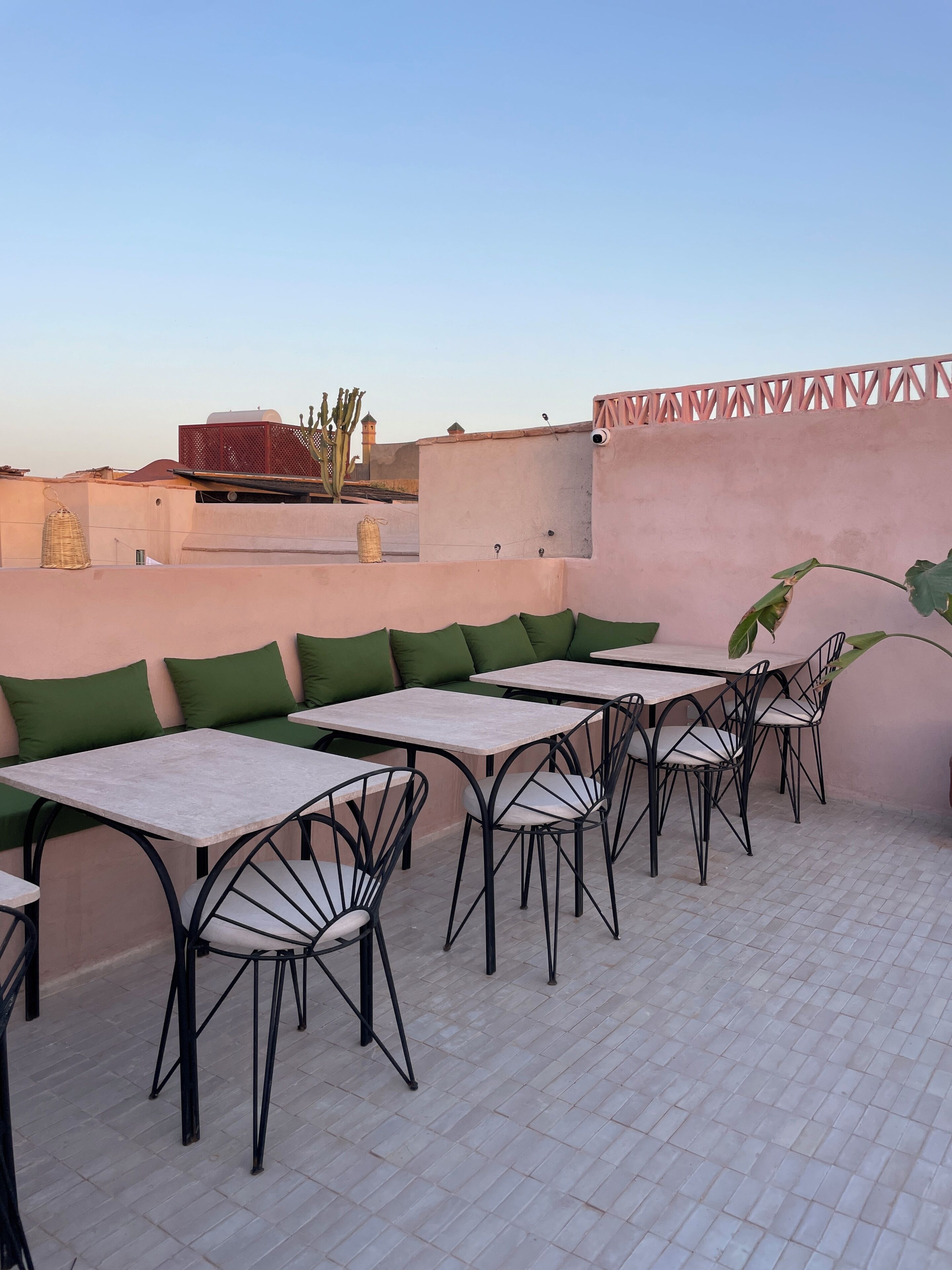 An outdoor seating area with tables and chairs, a cactus, and a building in the background.
