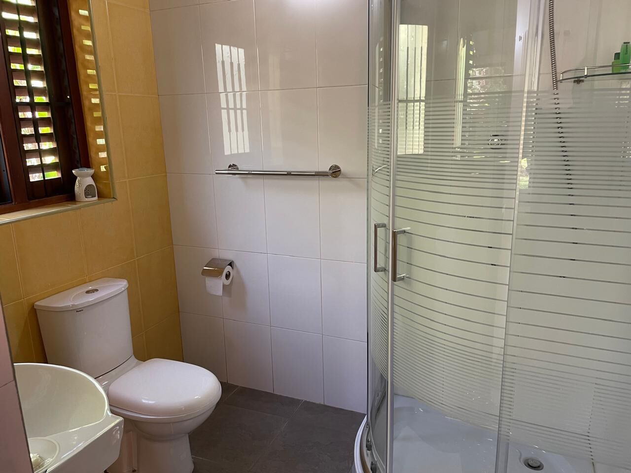 Un baño con inodoro, cabina de ducha de vidrio y un perchero para toallas.
