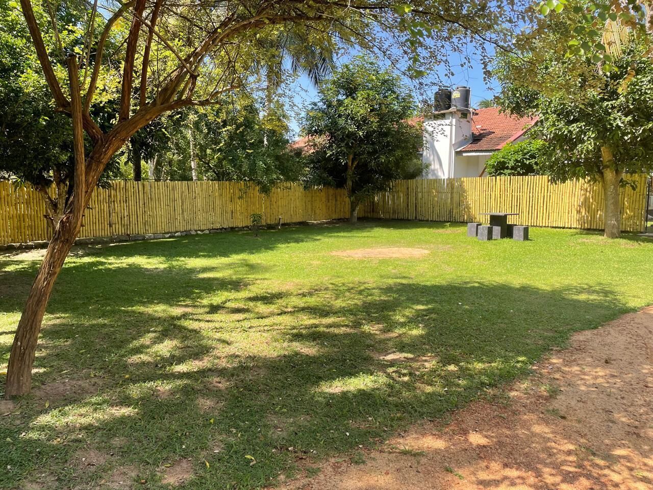 Patio con césped, cerca de madera y un árbol.