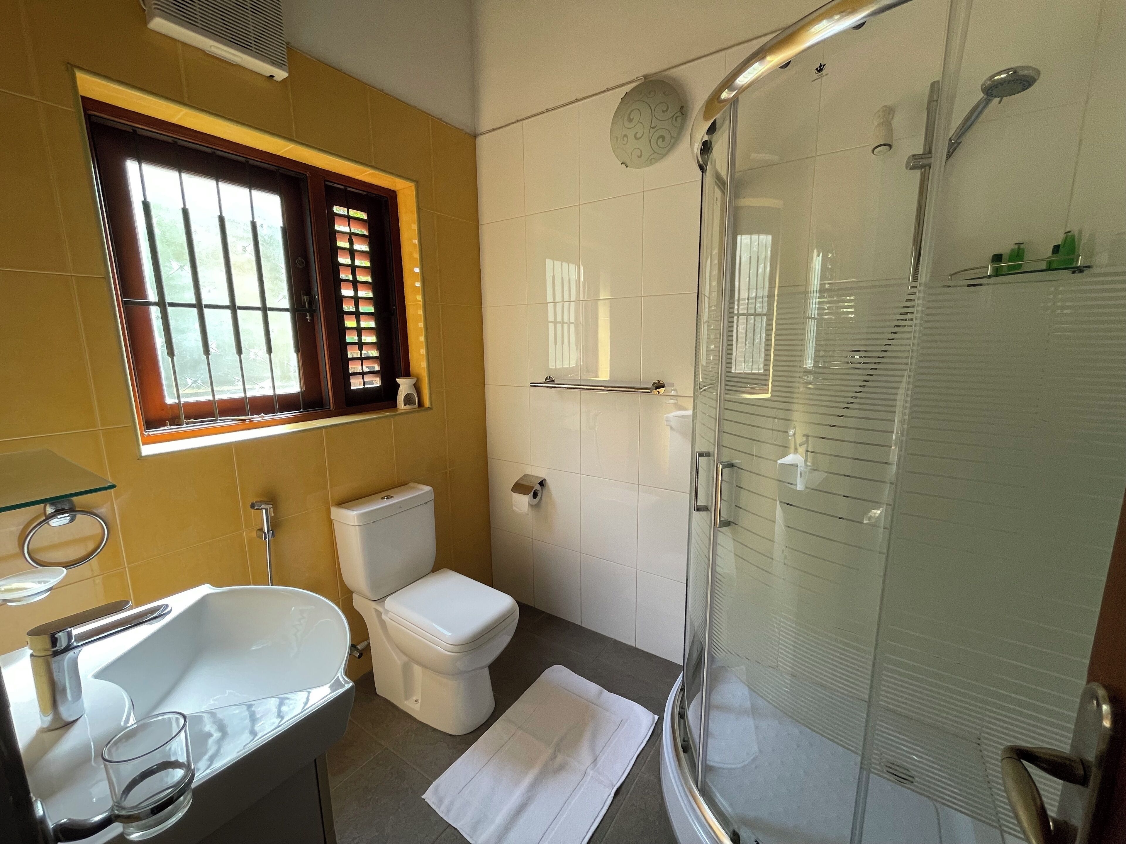 A bathroom with a glass-enclosed shower, a white toilet, a glass sink, and a window with bars.