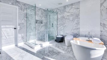 Shower, towels, soap, shampoo