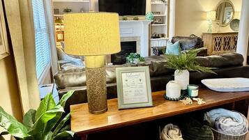 Smart TV, fireplace, books, stereo