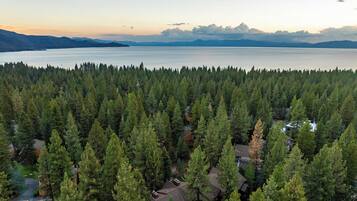 A forested area with houses and a lake.
