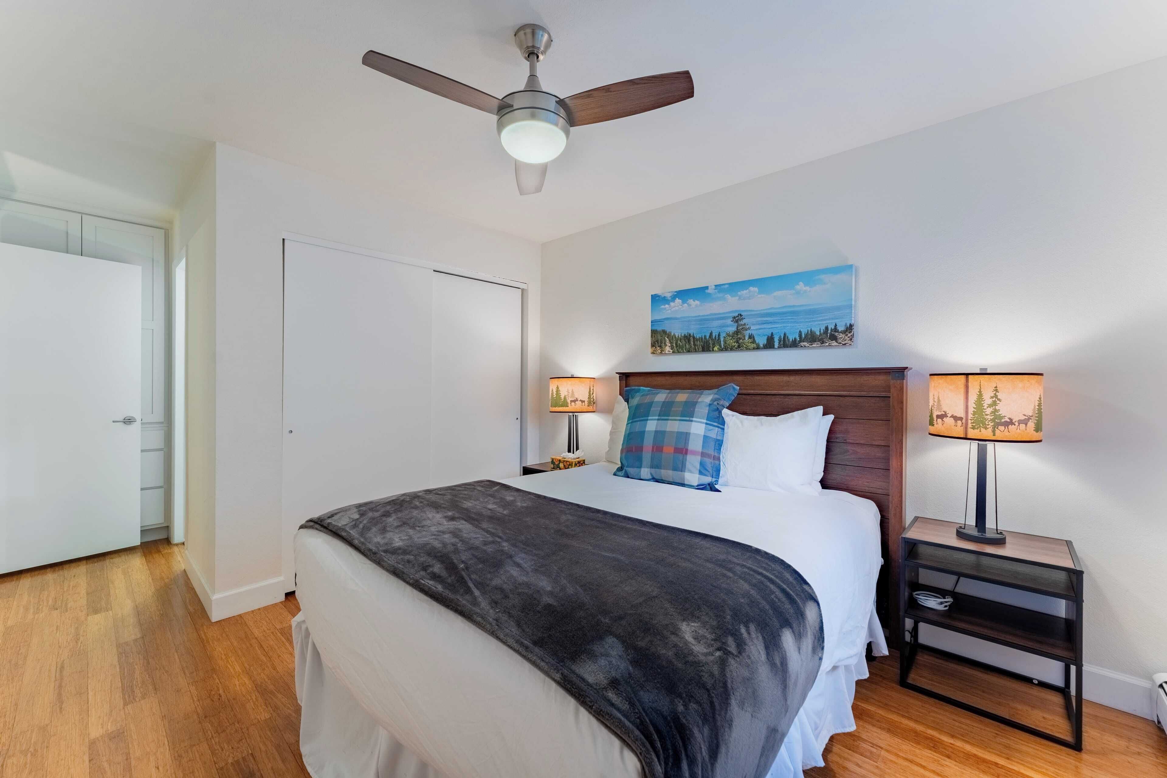 A bedroom with a bed, a ceiling fan, a nightstand with a lamp, and a painting on the wall.