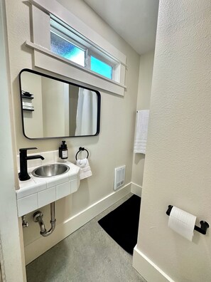 Hair dryer, towels, soap, toilet paper